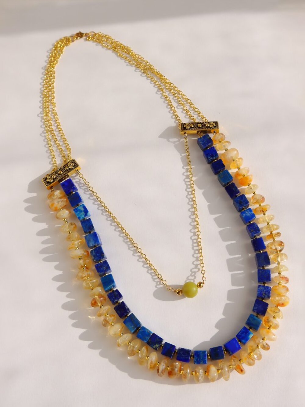 Lapis, Citrine & Olive Jade Statement Necklace - Picture 3 of 6